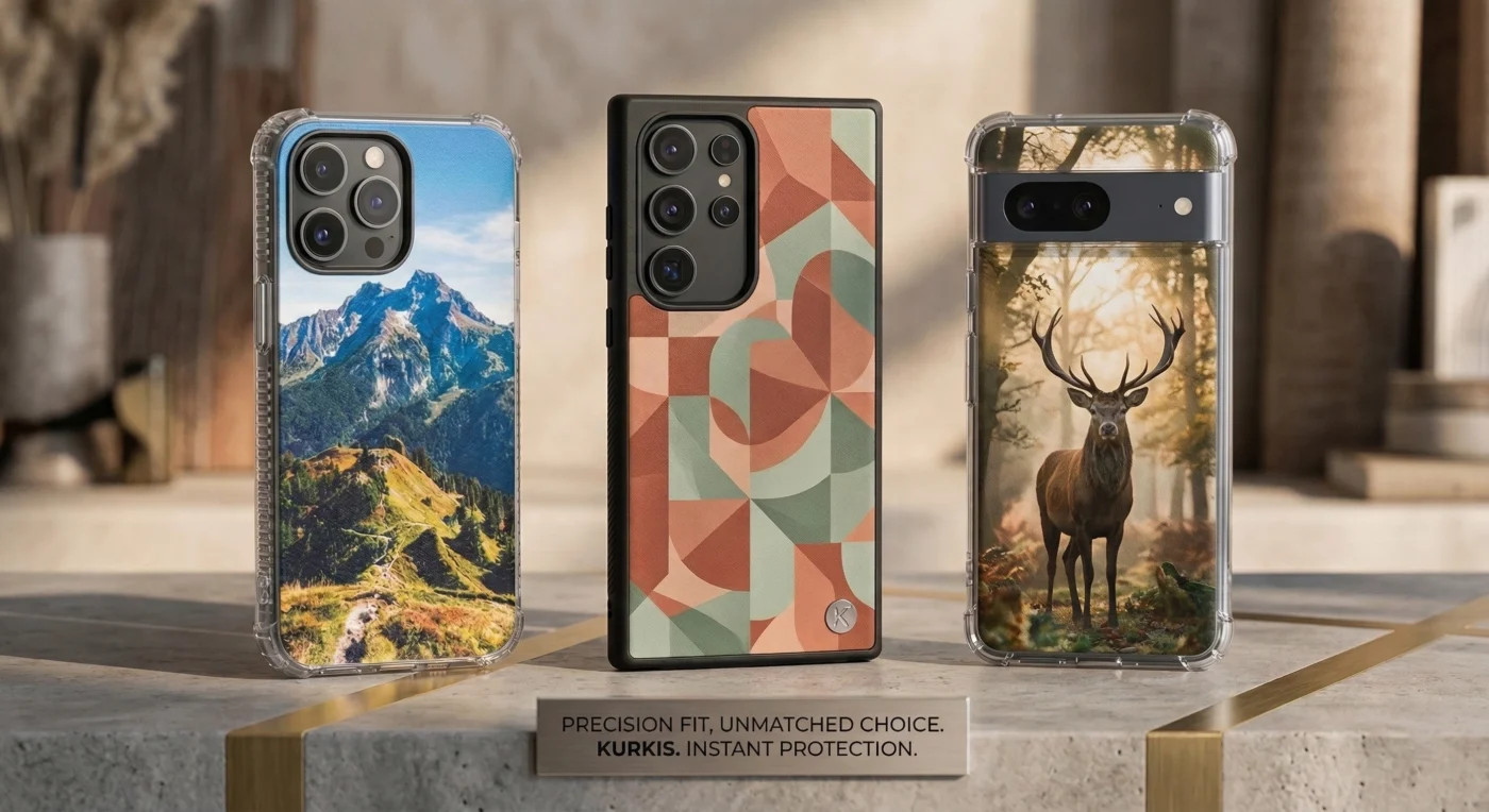 Three KURKIS by You custom protective phone cases featuring a mountain landscape, a geometric pattern, and a stag in a forest, displayed on a concrete plinth behind a Kurkis brand plaque.