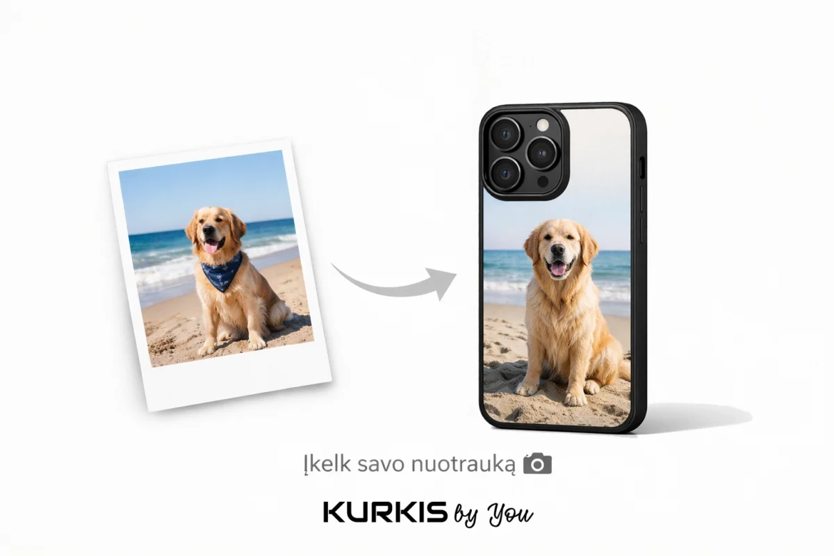 A golden retriever dog photo on a beach background being transformed into a custom iPhone case design.