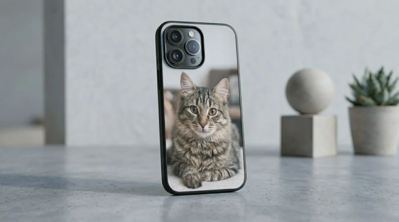 A custom iPhone case featuring a tabby cat photo, displayed upright on a grey stone surface with minimalist decor.
