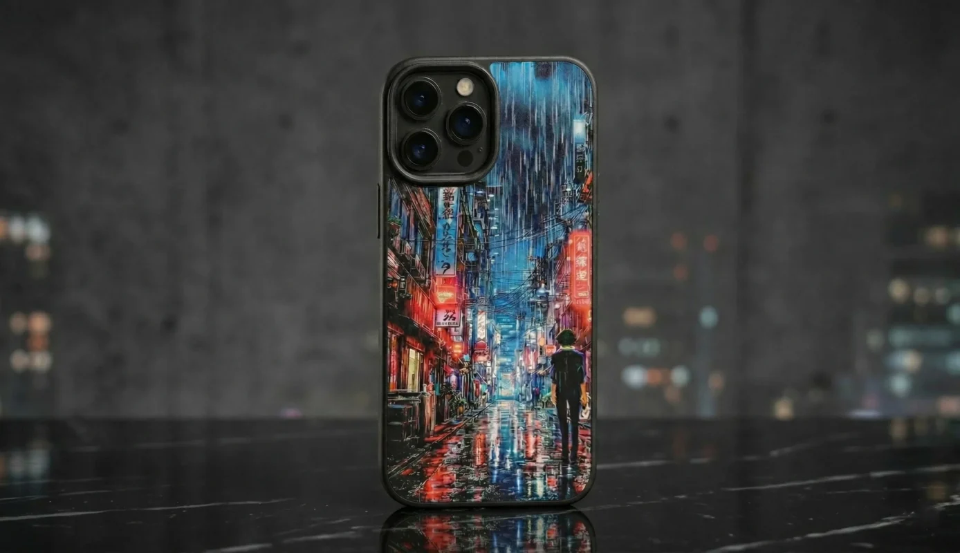 A custom iPhone case featuring a vibrant digital illustration of a rainy neon-lit Tokyo street at night, displayed on a reflective dark surface.