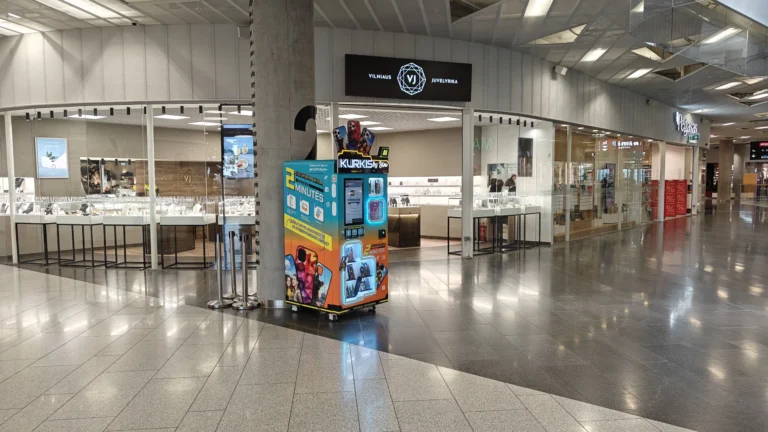 Custom phone case printing vending machine KURKIS by You in shopping mall interior Lithuania