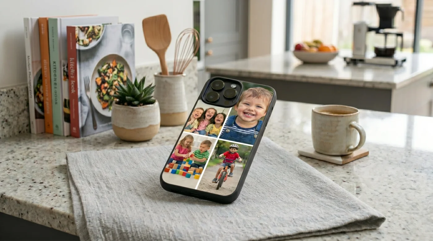 A propped-up iPhone 15 Pro in a kitchen, wearing a personalized phone case printed with a four-photo collage of young children.