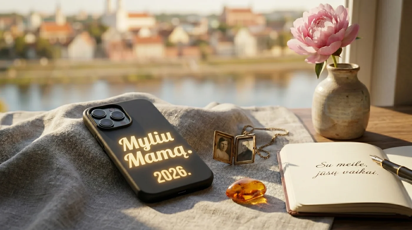 A personalized black iPhone case with gold "LOVE YOU MOM" text, placed on a table with a vintage locket, amber, a peony, and a journal with a hand-written message: "With love, your children." and a blurred Kaunas city view.