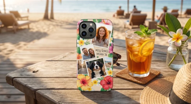 Personalized smartphone case with custom photos and tropical floral patterns on a sunny beach table.