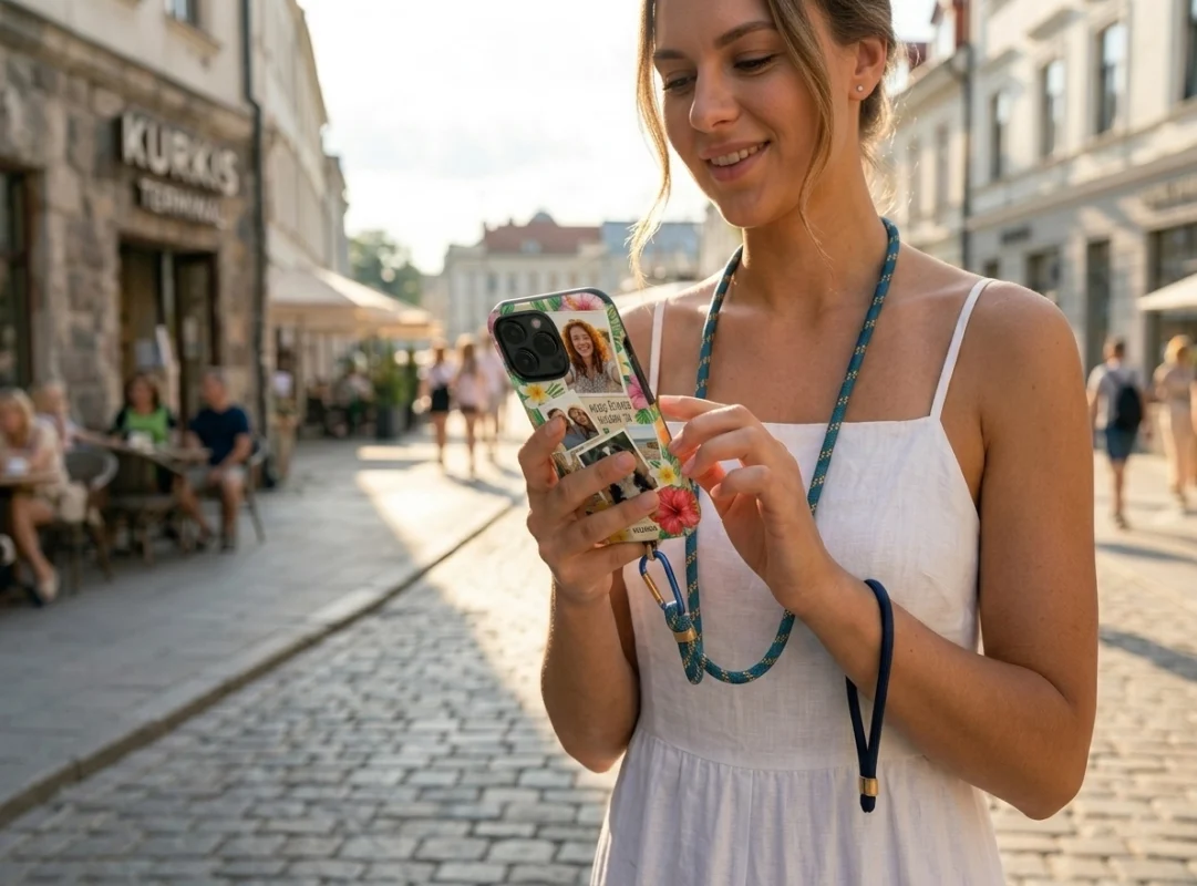 A young woman in a city street using a phone secured with a stylish blue textile lanyard neck strap.