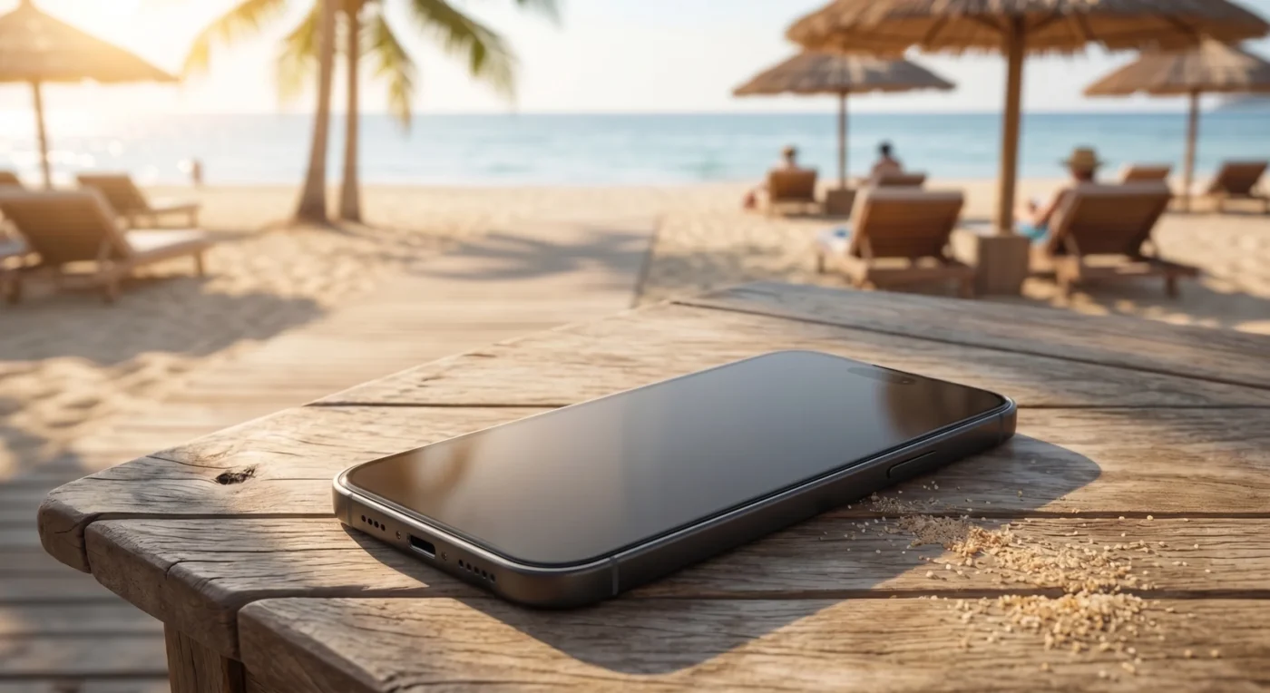 Smartphone with a flawlessly applied glossy glass screen protector on a wooden table at the beach.
