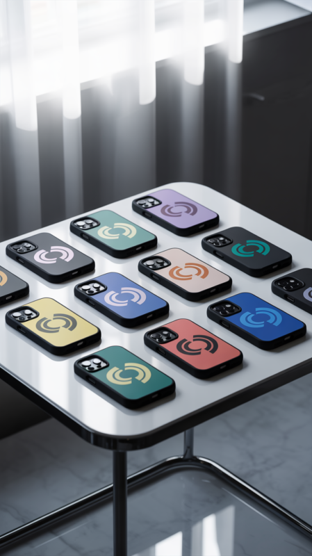 Branded phone cases in different colours with the same company logo